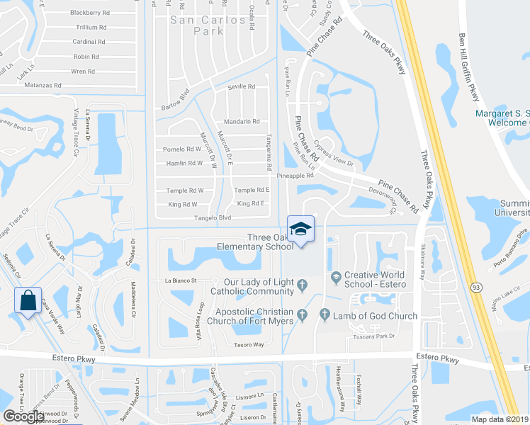 map of restaurants, bars, coffee shops, grocery stores, and more near 19250 Tangerine Road in Fort Myers