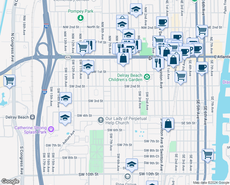 map of restaurants, bars, coffee shops, grocery stores, and more near 229 Southwest 6th Avenue in Delray Beach