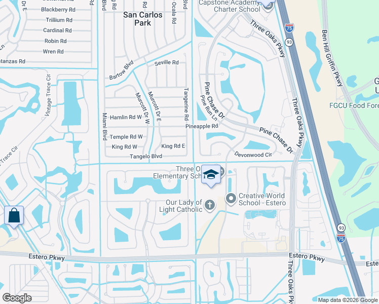 map of restaurants, bars, coffee shops, grocery stores, and more near 19250 Tangerine Road in Fort Myers