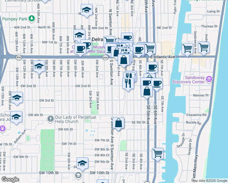 map of restaurants, bars, coffee shops, grocery stores, and more near 219 South Swinton Avenue in Delray Beach