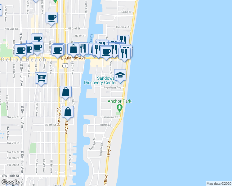 map of restaurants, bars, coffee shops, grocery stores, and more near 1127 Nassau Street in Delray Beach