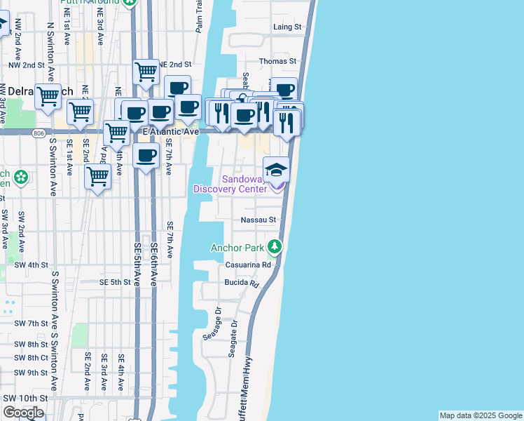 map of restaurants, bars, coffee shops, grocery stores, and more near 1027 Nassau Street in Delray Beach