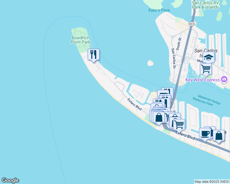 map of restaurants, bars, coffee shops, grocery stores, and more near 582 Estero Boulevard in Fort Myers Beach