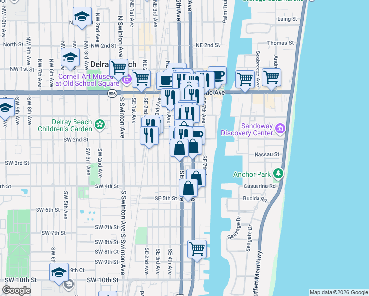map of restaurants, bars, coffee shops, grocery stores, and more near 276 Southeast 6th Avenue in Delray Beach