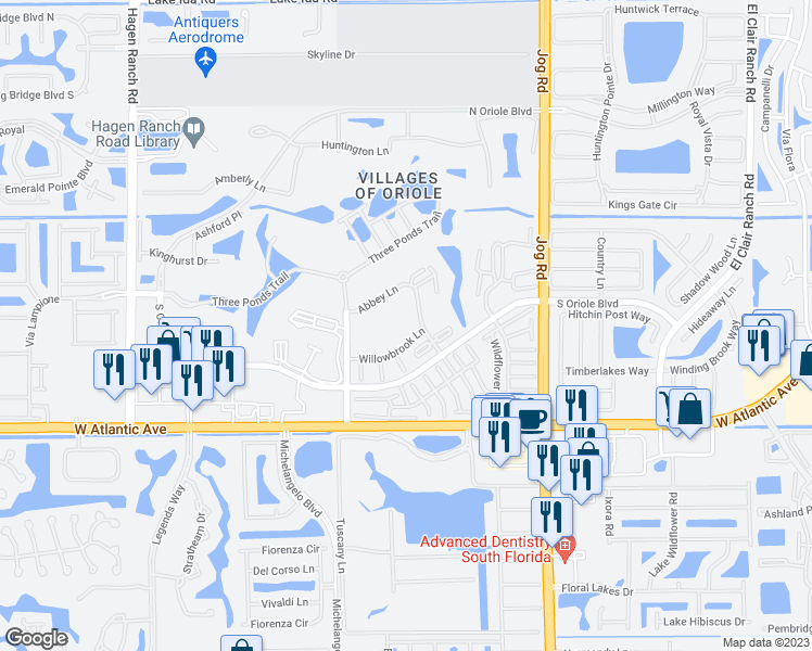 map of restaurants, bars, coffee shops, grocery stores, and more near 17 Willowbrook Lane in Delray Beach