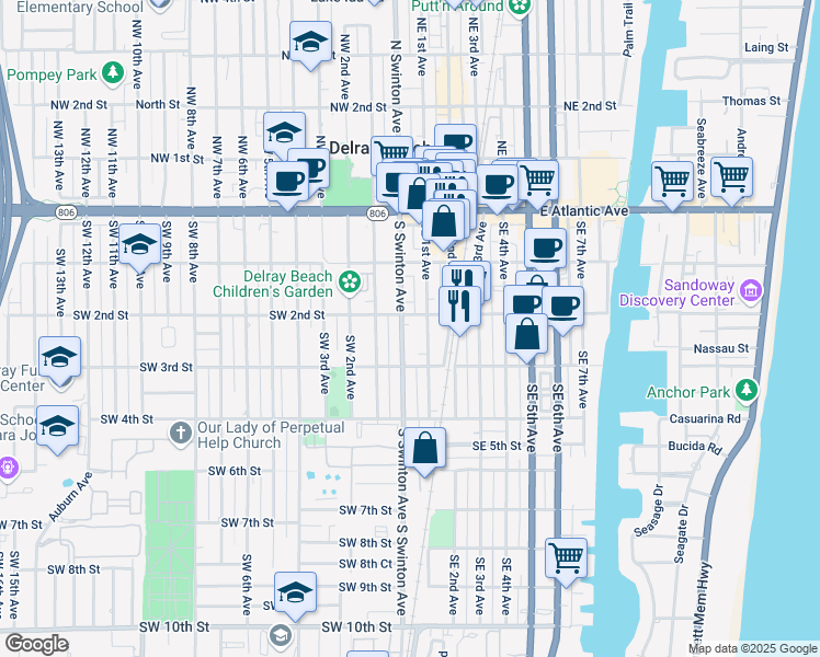 map of restaurants, bars, coffee shops, grocery stores, and more near 224 South Swinton Avenue in Delray Beach