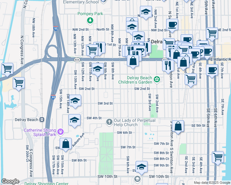 map of restaurants, bars, coffee shops, grocery stores, and more near 705 Southwest 2nd Terrace in Delray Beach