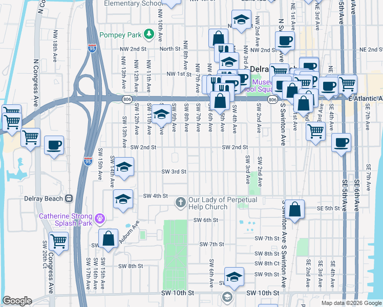 map of restaurants, bars, coffee shops, grocery stores, and more near 705 Southwest 2nd Terrace in Delray Beach