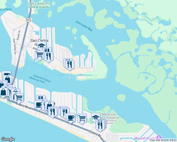 map of restaurants, bars, coffee shops, grocery stores, and more near 140 Garcia Way in Fort Myers Beach