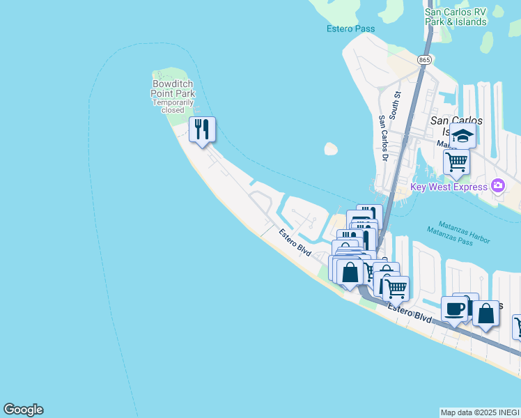 map of restaurants, bars, coffee shops, grocery stores, and more near 568 Estero Boulevard in Fort Myers Beach