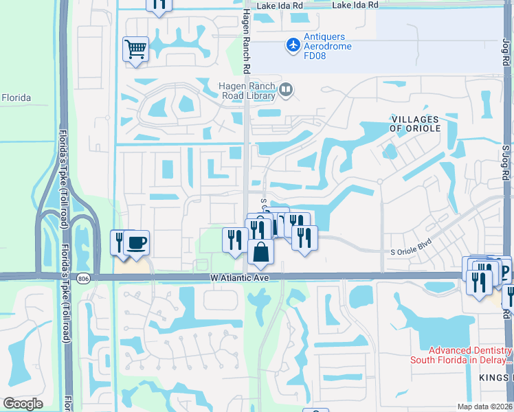 map of restaurants, bars, coffee shops, grocery stores, and more near 7515 South Oriole Boulevard in Delray Beach
