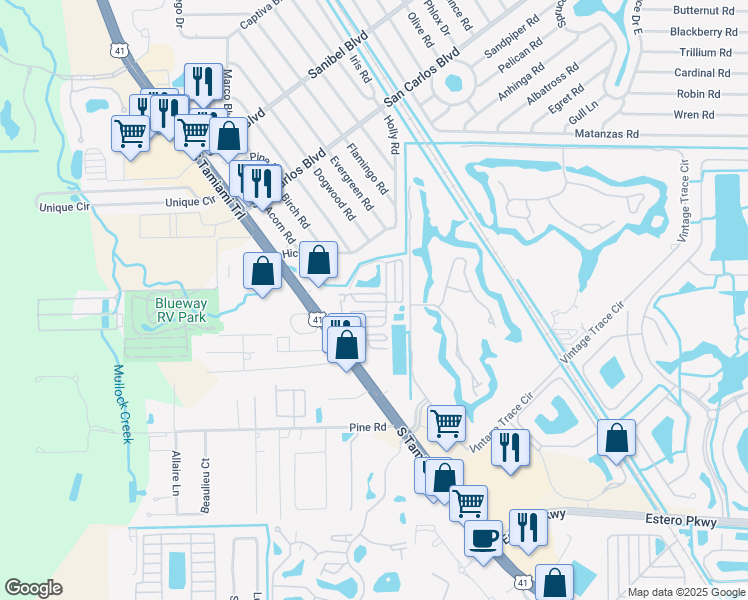 map of restaurants, bars, coffee shops, grocery stores, and more near 19551/561 South Tamiami Trail in Fort Myers