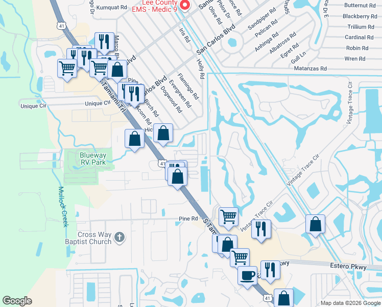 map of restaurants, bars, coffee shops, grocery stores, and more near 19551/561 South Tamiami Trail in Fort Myers