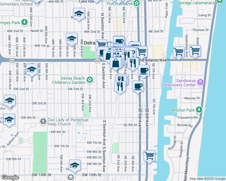 map of restaurants, bars, coffee shops, grocery stores, and more near 180 Southeast 2nd Avenue in Delray Beach