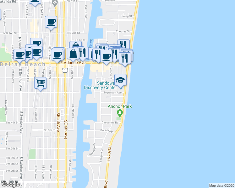 map of restaurants, bars, coffee shops, grocery stores, and more near 130 South Ocean Boulevard in Delray Beach