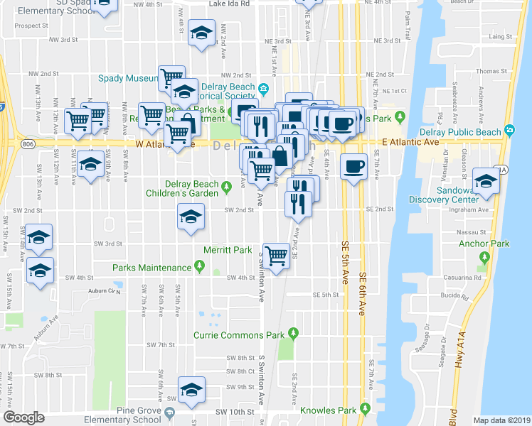 map of restaurants, bars, coffee shops, grocery stores, and more near 137 South Swinton Avenue in Delray Beach