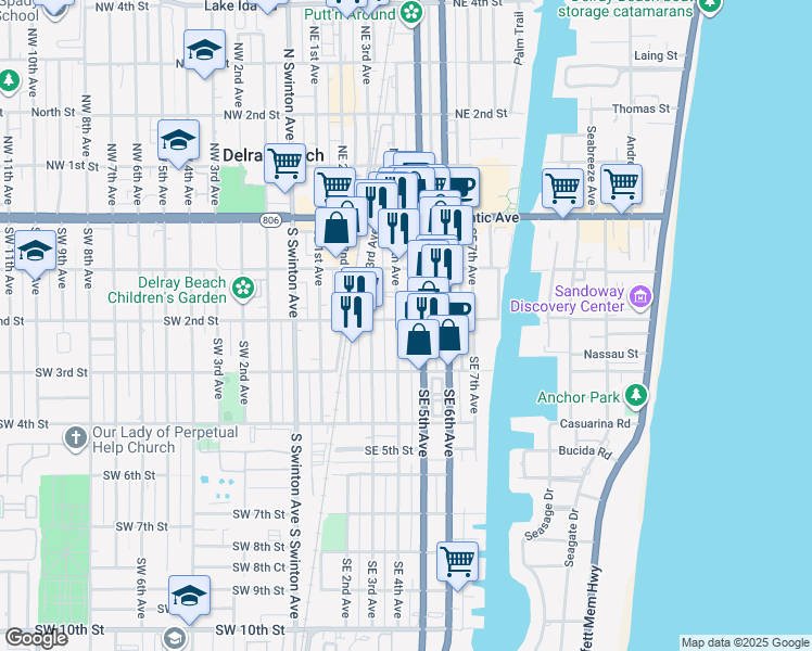 map of restaurants, bars, coffee shops, grocery stores, and more near 180 Southeast 5th Avenue in Delray Beach