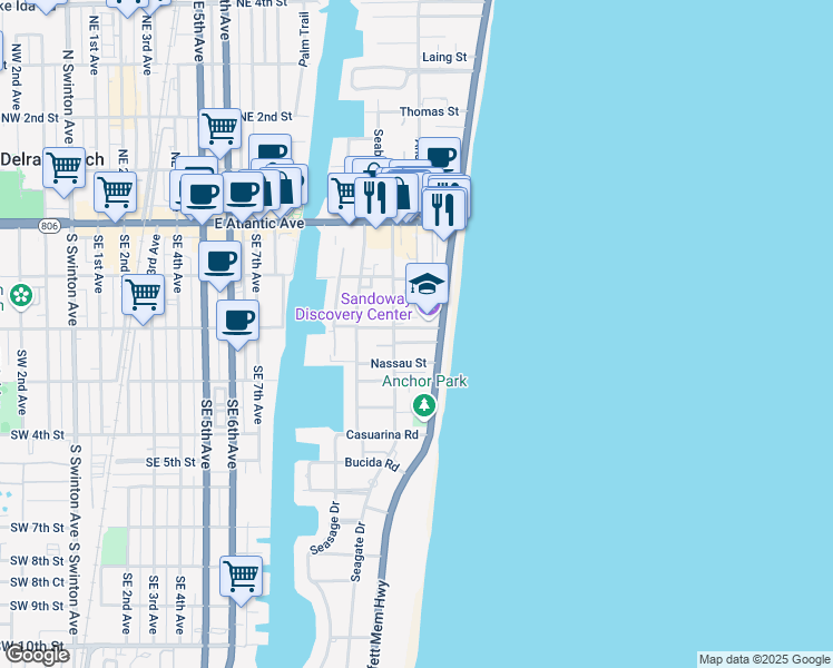 map of restaurants, bars, coffee shops, grocery stores, and more near 200 South Ocean Boulevard in Delray Beach