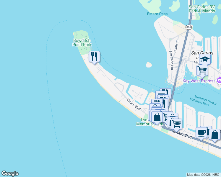 map of restaurants, bars, coffee shops, grocery stores, and more near 500 Estero Boulevard in Fort Myers Beach