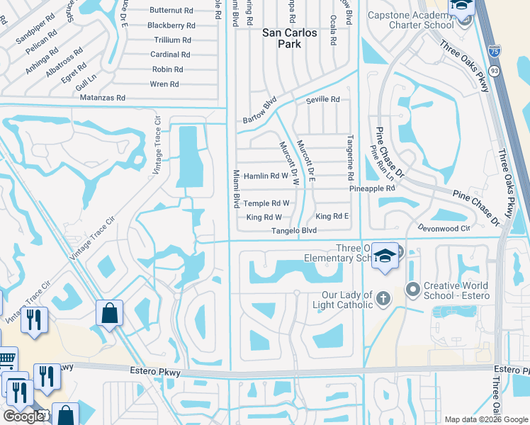 map of restaurants, bars, coffee shops, grocery stores, and more near 9081 Temple Road West in Fort Myers