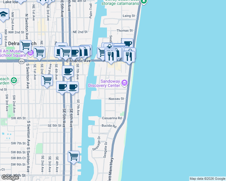 map of restaurants, bars, coffee shops, grocery stores, and more near 134 Gleason Street in Delray Beach