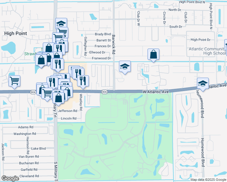 map of restaurants, bars, coffee shops, grocery stores, and more near W Atlantic Ave & Barwick Rd in Delray Beach