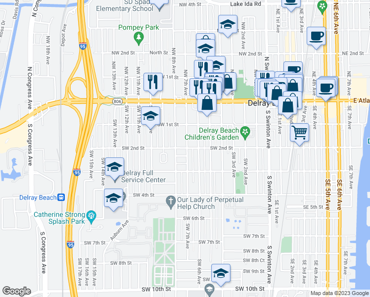 map of restaurants, bars, coffee shops, grocery stores, and more near 134 Southwest 7th Avenue in Delray Beach