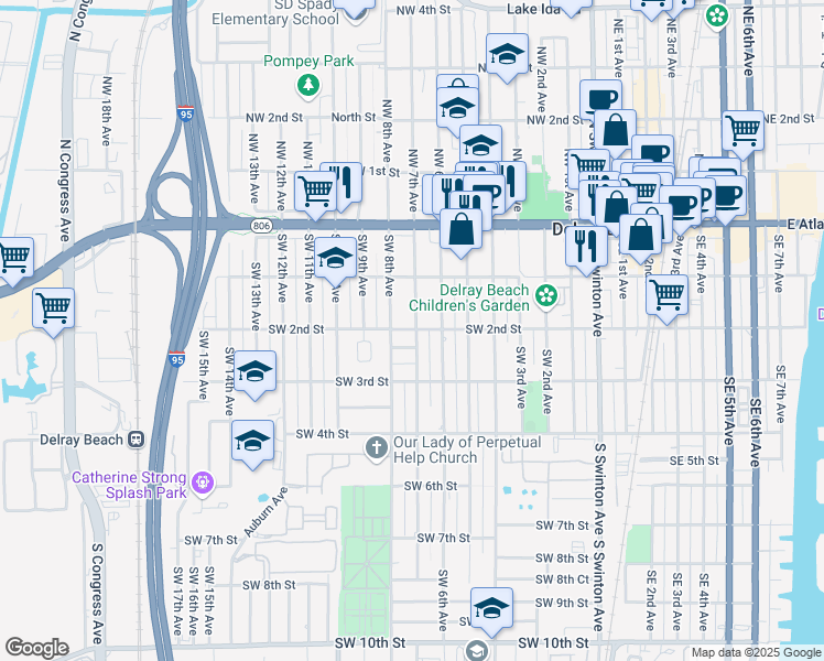 map of restaurants, bars, coffee shops, grocery stores, and more near 134 Southwest 7th Avenue in Delray Beach