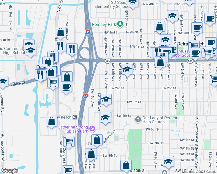 map of restaurants, bars, coffee shops, grocery stores, and more near 134 Southwest 13th Avenue in Delray Beach