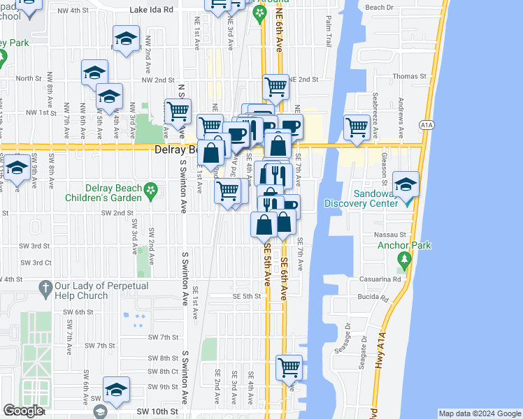 map of restaurants, bars, coffee shops, grocery stores, and more near 180 Southeast 5th Avenue in Delray Beach