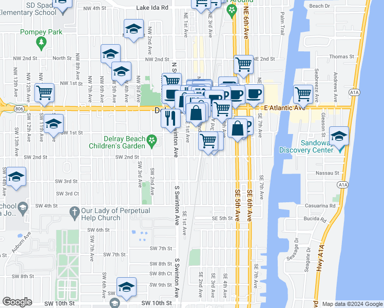 map of restaurants, bars, coffee shops, grocery stores, and more near 180 Southeast 2nd Avenue in Delray Beach