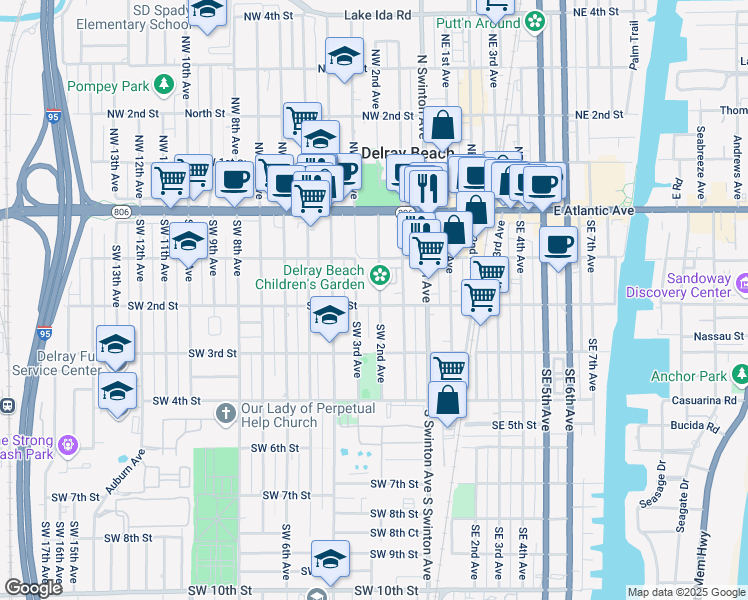 map of restaurants, bars, coffee shops, grocery stores, and more near 147 Southwest 3rd Avenue in Delray Beach
