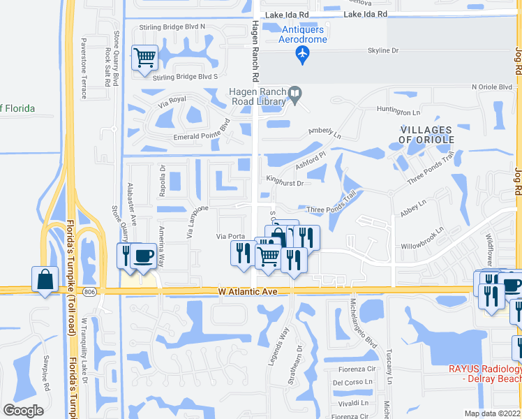 map of restaurants, bars, coffee shops, grocery stores, and more near 7547 South Oriole Boulevard in Delray Beach
