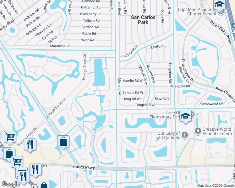 map of restaurants, bars, coffee shops, grocery stores, and more near 19260 La Serena Drive in Fort Myers