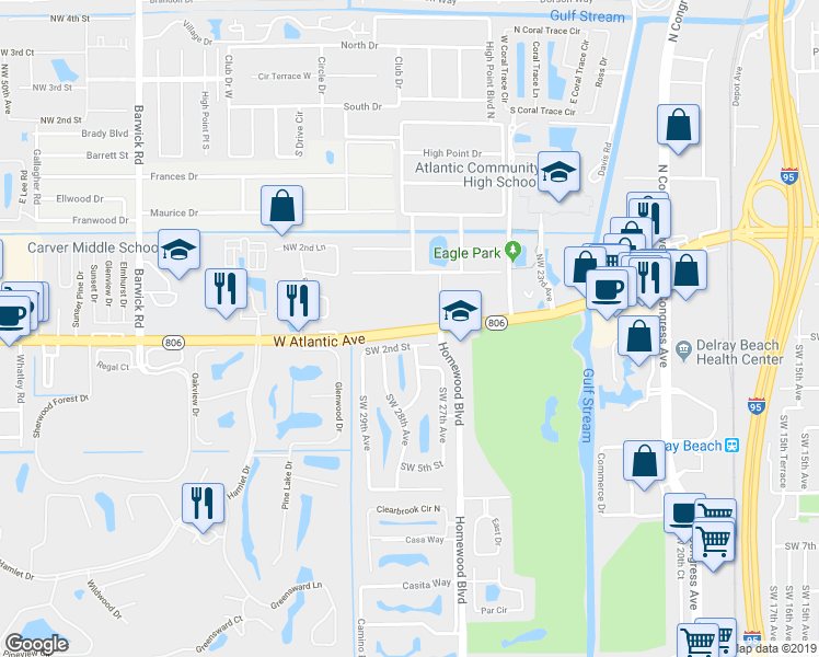 map of restaurants, bars, coffee shops, grocery stores, and more near 3847 West Atlantic Avenue in Delray Beach
