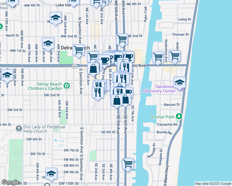 map of restaurants, bars, coffee shops, grocery stores, and more near 190 Southeast 5th Avenue in Delray Beach