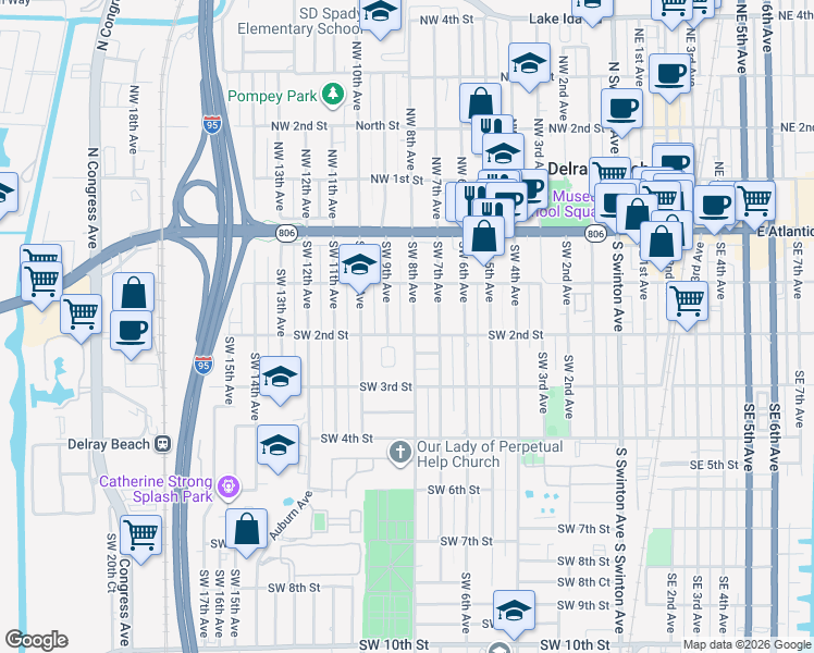 map of restaurants, bars, coffee shops, grocery stores, and more near 135 Southwest 9th Avenue in Delray Beach