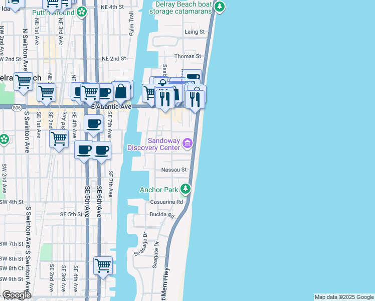 map of restaurants, bars, coffee shops, grocery stores, and more near 142 South Ocean Boulevard in Delray Beach