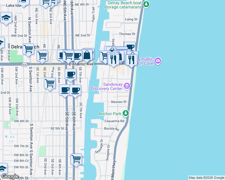 map of restaurants, bars, coffee shops, grocery stores, and more near 134 Gleason Street in Delray Beach