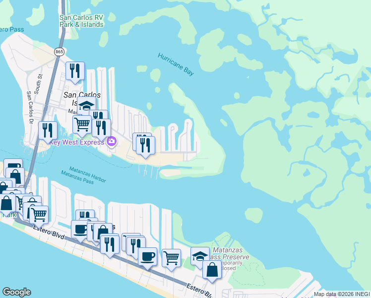map of restaurants, bars, coffee shops, grocery stores, and more near 114 Blackbeard Way in Fort Myers Beach