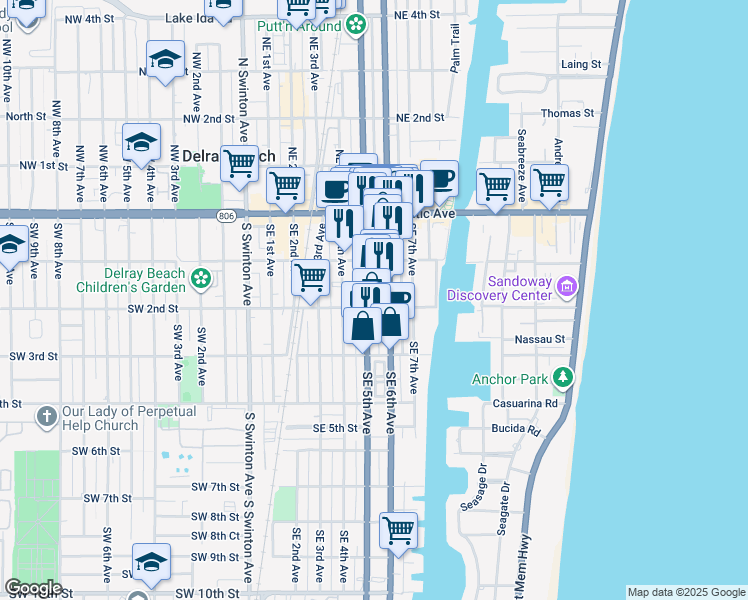 map of restaurants, bars, coffee shops, grocery stores, and more near 160 South Federal Highway in Delray Beach