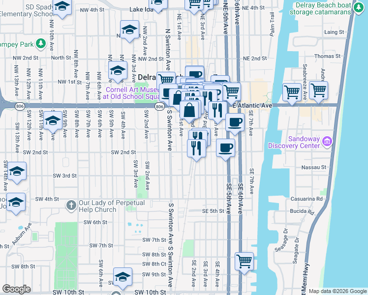map of restaurants, bars, coffee shops, grocery stores, and more near 110 Southeast 2nd Street in Delray Beach