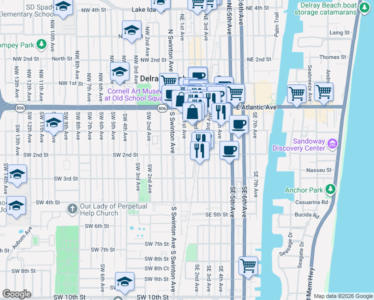 map of restaurants, bars, coffee shops, grocery stores, and more near 180 Southeast 2nd Avenue in Delray Beach
