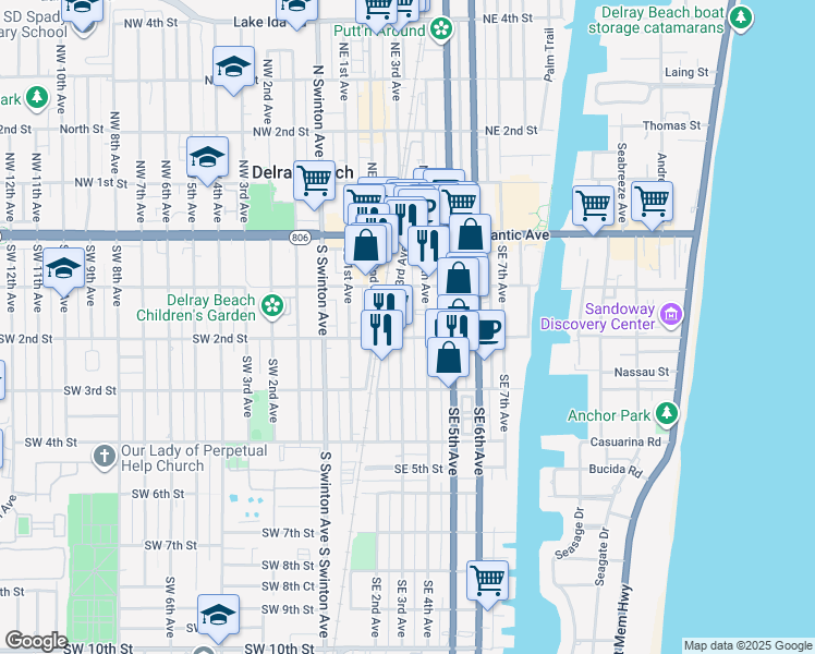 map of restaurants, bars, coffee shops, grocery stores, and more near 189 Southeast 3rd Avenue in Delray Beach