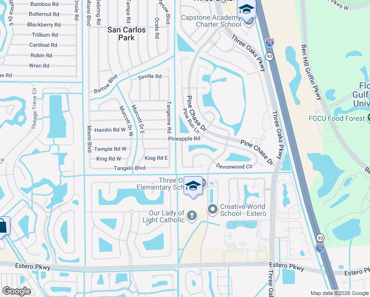 map of restaurants, bars, coffee shops, grocery stores, and more near 19285 Pine Glen Drive in Fort Myers