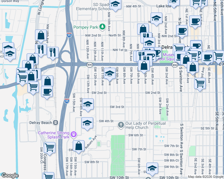 map of restaurants, bars, coffee shops, grocery stores, and more near 134 Southwest 10th Avenue in Delray Beach