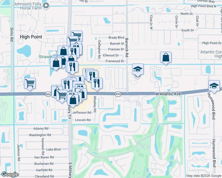 map of restaurants, bars, coffee shops, grocery stores, and more near 4665 West Atlantic Avenue in Delray Beach