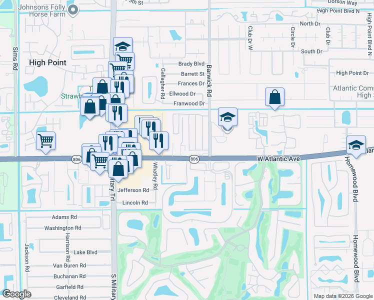 map of restaurants, bars, coffee shops, grocery stores, and more near 4665 West Atlantic Avenue in Delray Beach