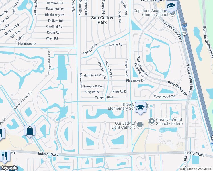map of restaurants, bars, coffee shops, grocery stores, and more near 19181 Murcott Drive East in Fort Myers
