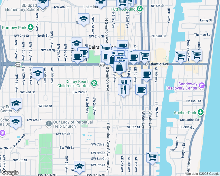 map of restaurants, bars, coffee shops, grocery stores, and more near 137 South Swinton Avenue in Delray Beach